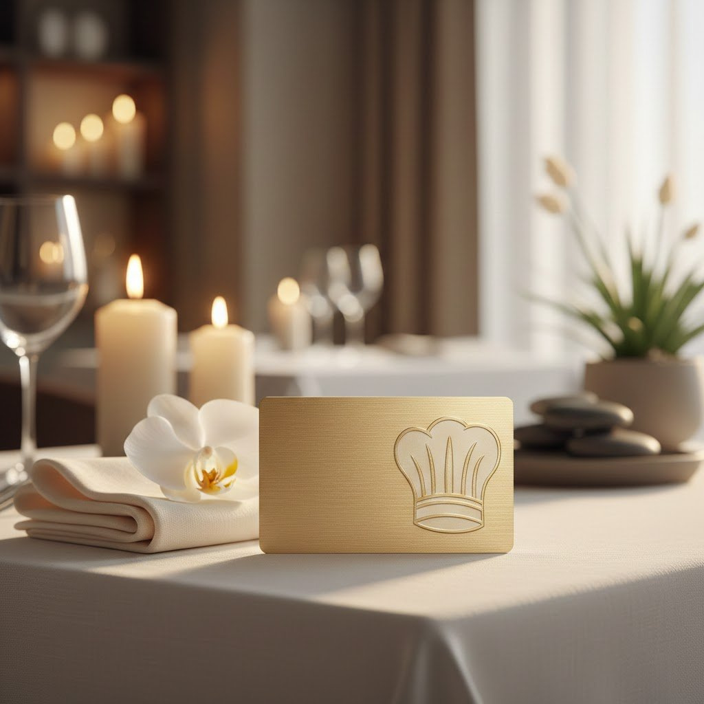Premium gift card presented on fine dining table setting with blurred elegant restaurant background