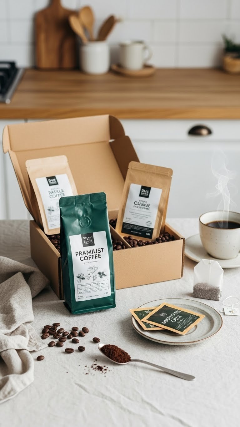 Premium gourmet coffee subscription box with coffee beans and tea bags arranged on linen tablecloth with bokeh background