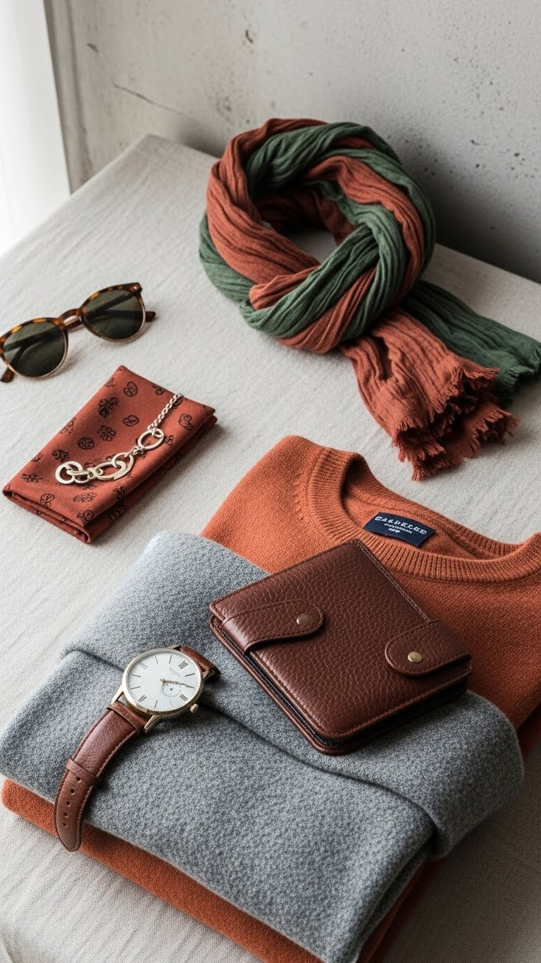 Premium leather wallet resting on cashmere sweater with classic wristwatch and stylish scarf arrangement