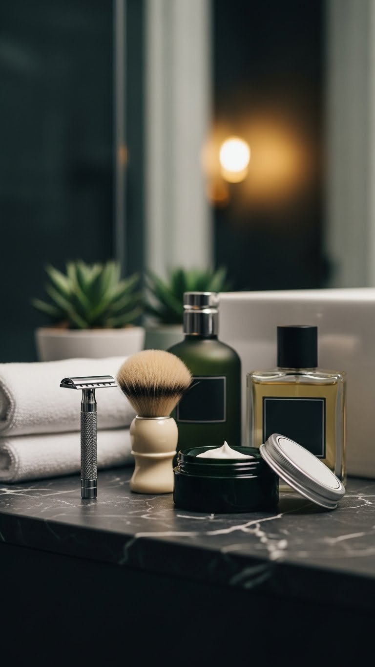 Premium men's grooming kit with safety razor, badger hair brush, shaving cream and aftershave on dark marble surface