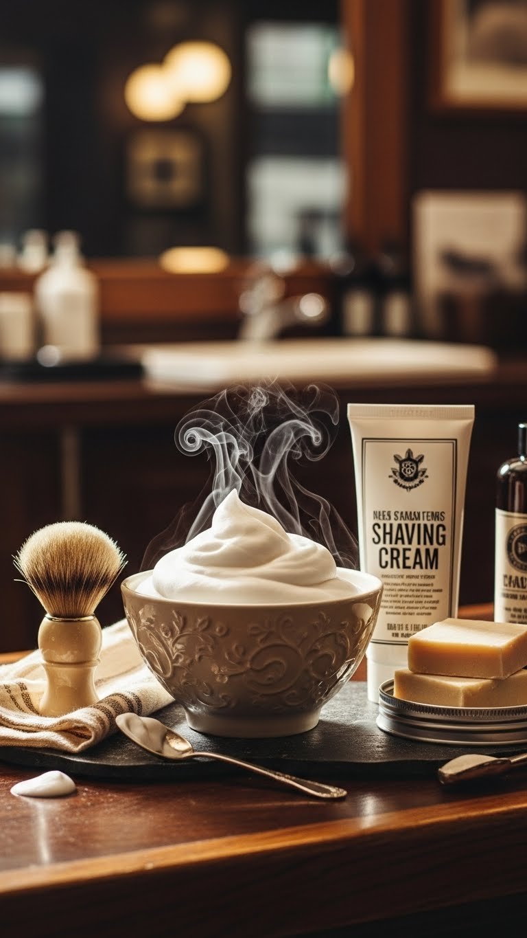 Premium men's shaving creams and soaps with rich lather in ceramic bowl on dark wood counter