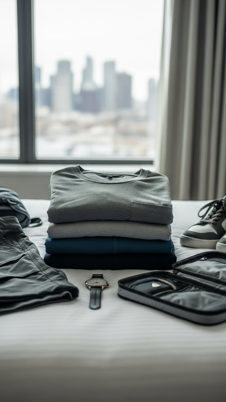 Premium men's travel clothing neatly folded on hotel bed with cityscape window view in background