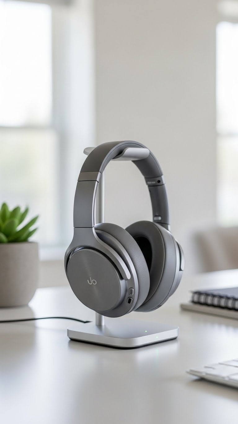 Premium noise-cancelling aluminum headphones on charging stand with LED indicators glowing on light desk