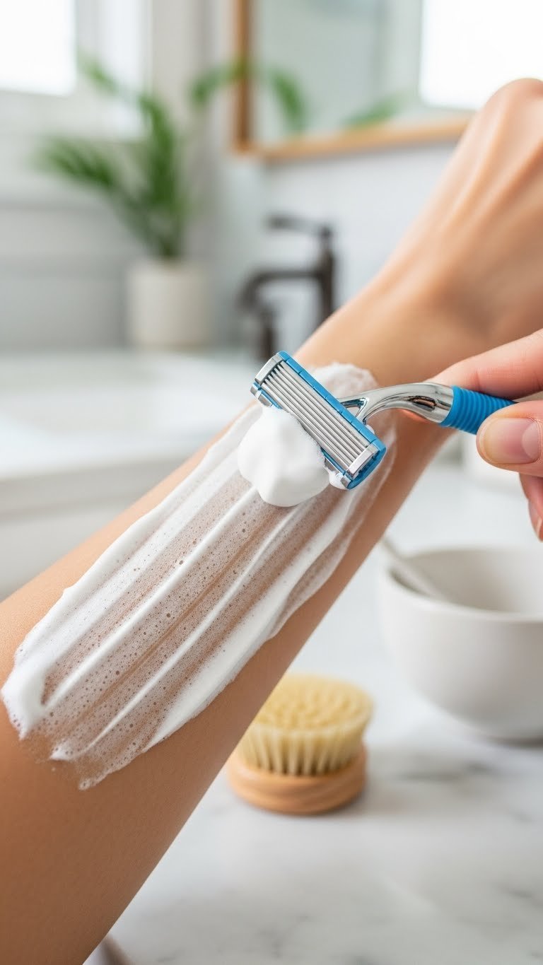 Premium razor gliding through creamy shaving foam on skin with marble countertop background
