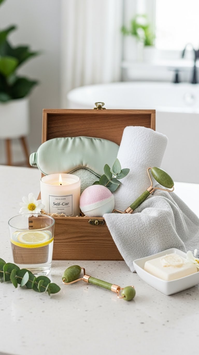 Premium self-care kit with silk eye mask, scented candle, bath bomb and jade roller arranged in rustic wooden box.