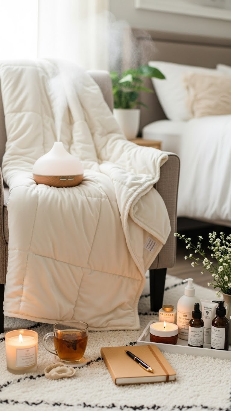 Premium self-care products including weighted blanket, aromatherapy diffuser, journal, and skincare arranged on elegant tray in soft natural light