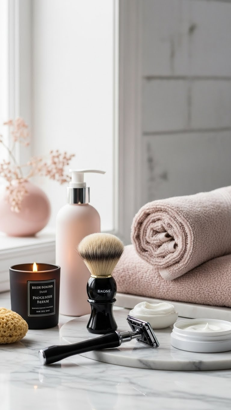 Premium shaving kit arranged on marble countertop with skincare products and fluffy towel backdrop