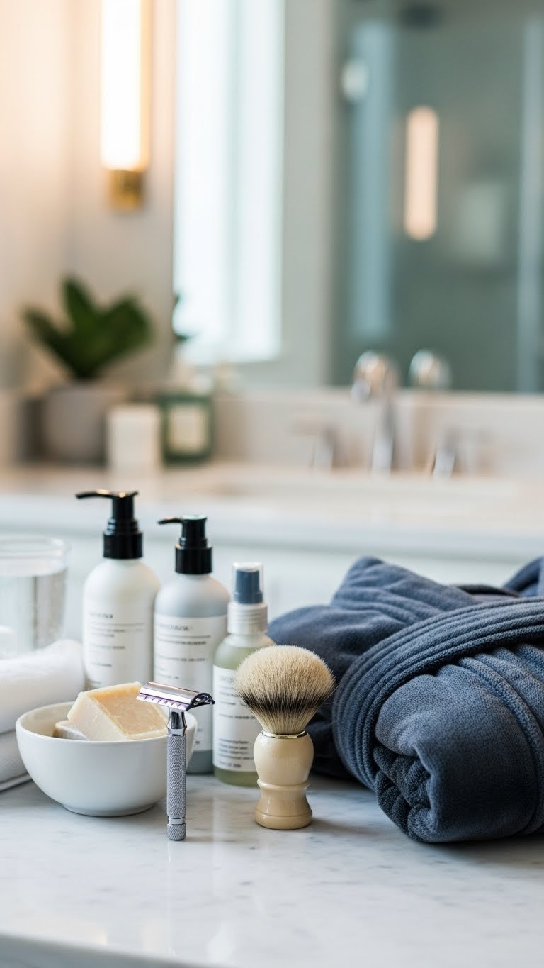 Premium shaving kit, skincare products, and plush robe on marble surface for men's grooming
