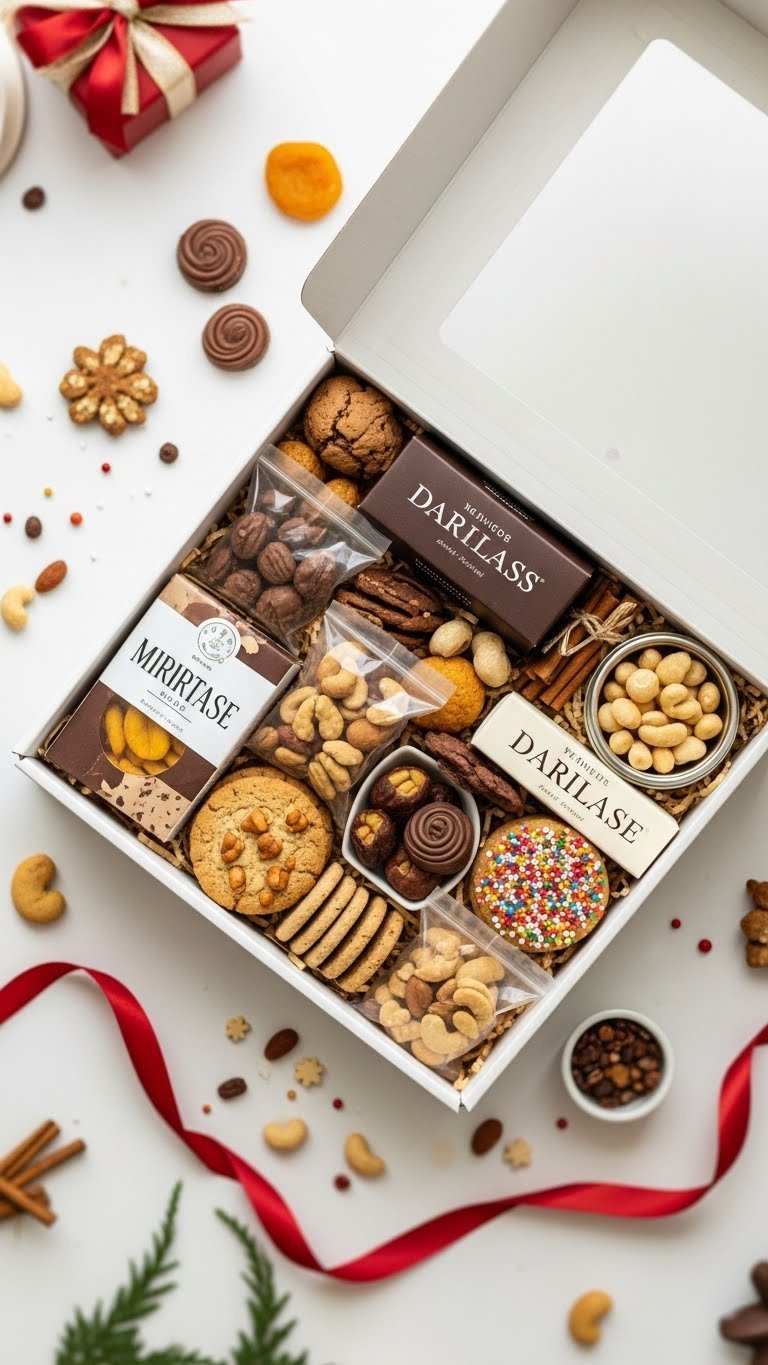 Premium snack gift box overflowing with gourmet chocolates, nuts, and cookies on festive backdrop