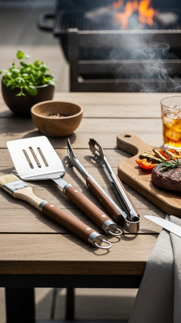 Premium stainless steel grilling tools arranged with seared steak on rustic wooden table for outdoor cooking