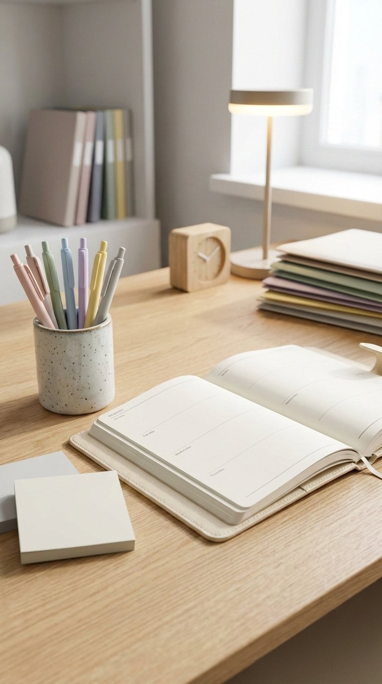 Premium stationery set with elegant planner, gel pens and sticky notes arranged meticulously on light wooden desk