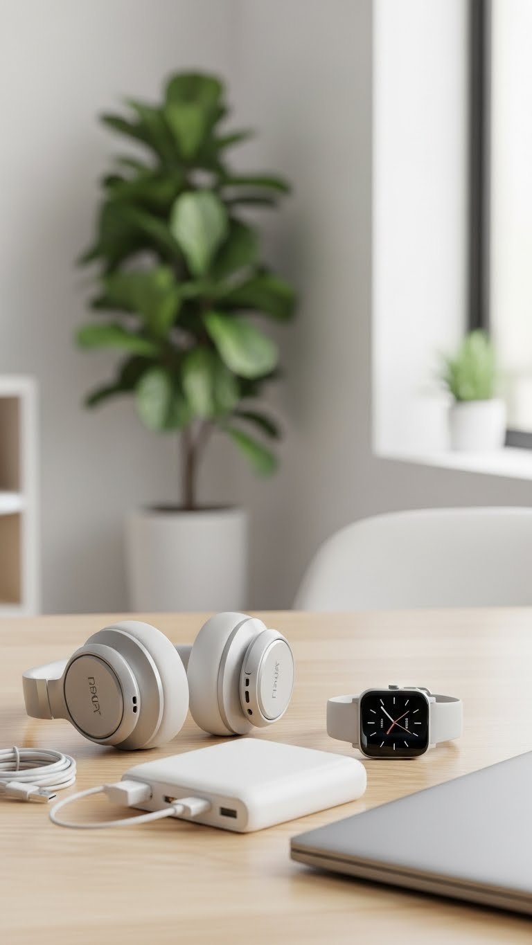 Premium wireless noise-cancelling headphones, portable power bank, and smartwatch arranged in minimalist tech gadget flat lay.