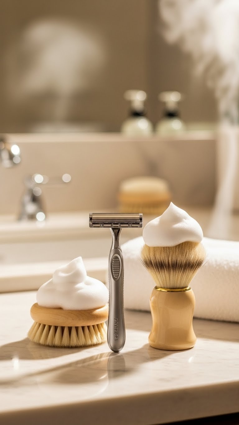 Premium women's manual razor with plush shaving brush and creamy lather arranged on marble countertop in spa bathroom setting