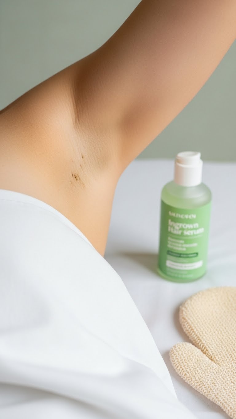 Preventing ingrown hairs after hair removal with smooth skin focus and exfoliating mitt nearby