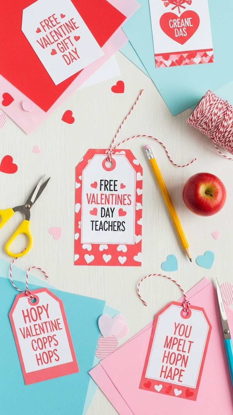 Printable Valentine gift tags collection tied to small teacher gifts like pencils and candy on clean white background.