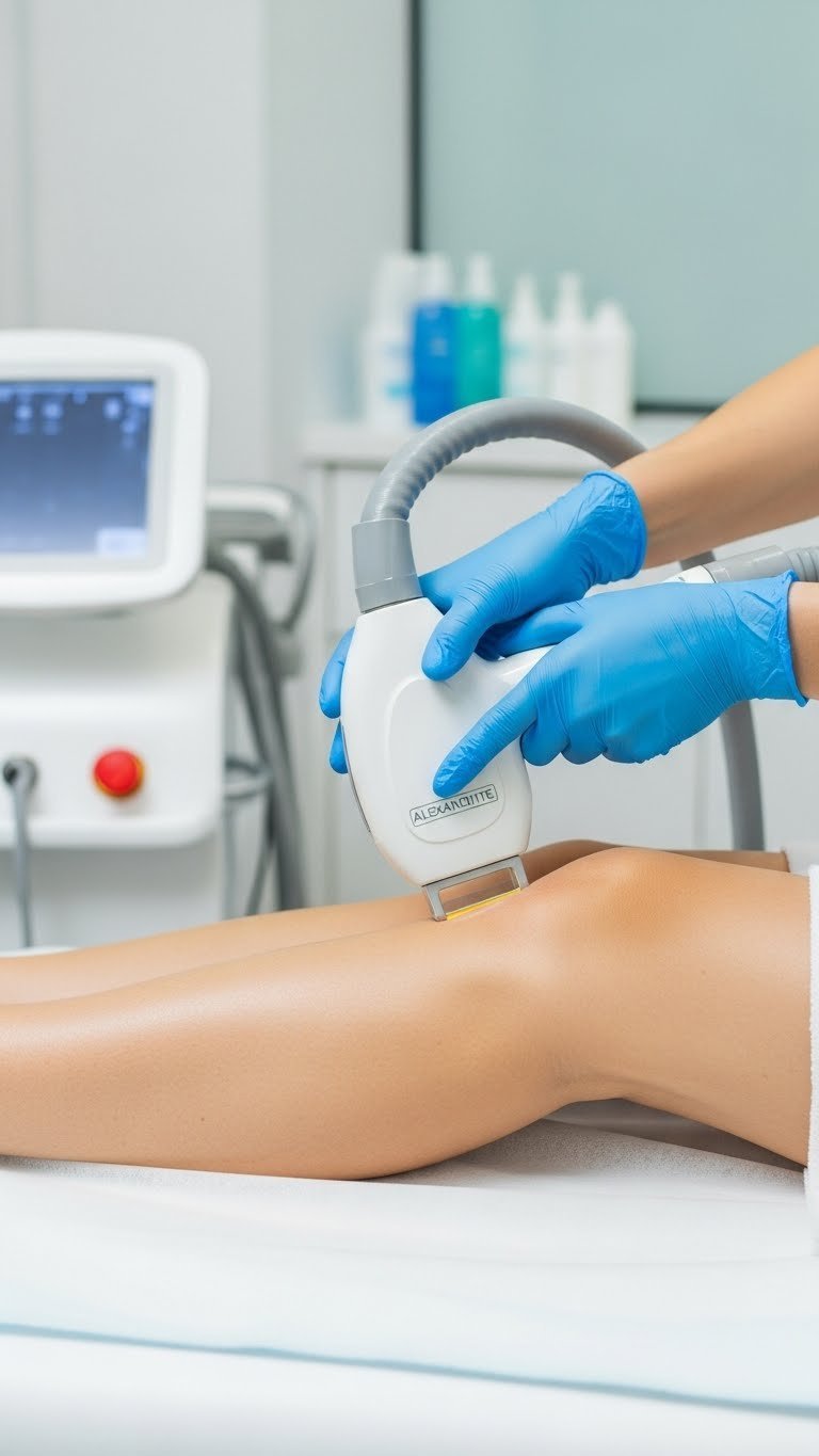 Professional Alexandrite laser hair removal session on client's calf performed by licensed technician in sterile clinic
