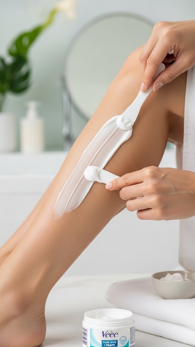 Professional Veet cream application using spatula on leg showing smooth even layer technique
