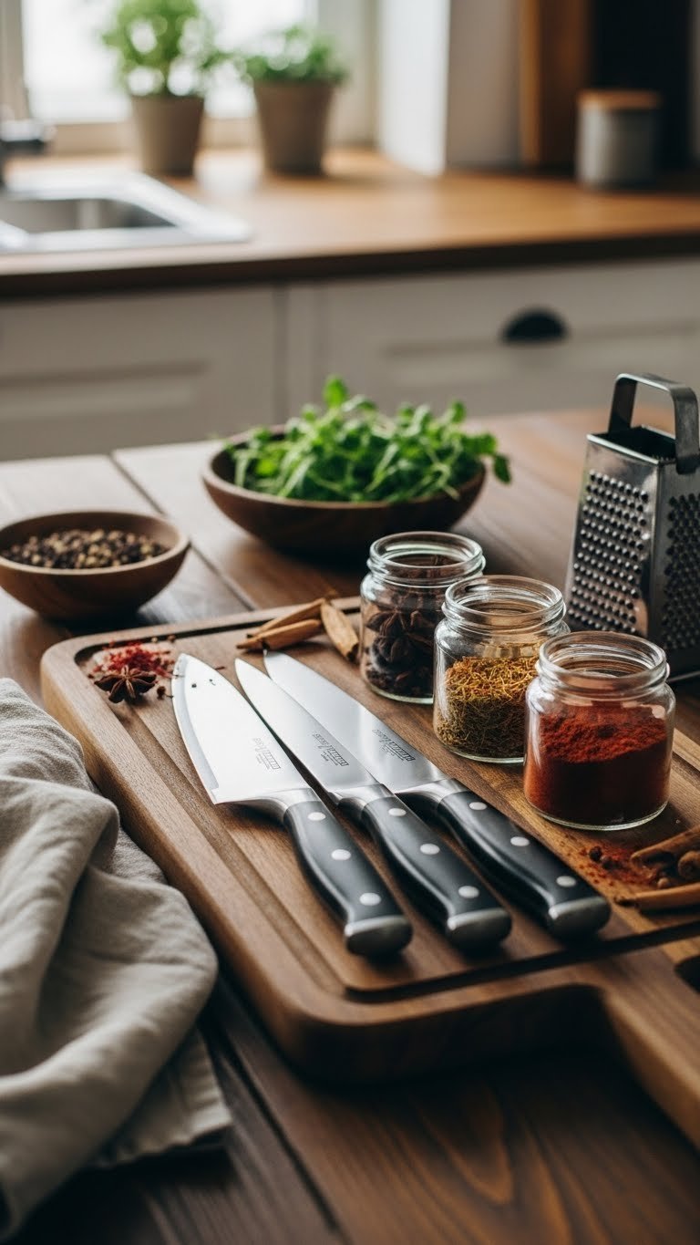 Professional chef knives and exotic spices on dark wooden cutting board for gourmet cooking essentials