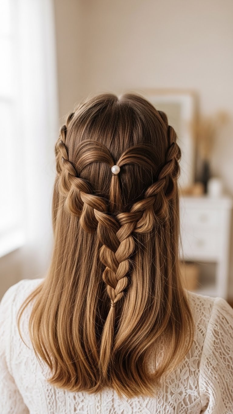 Professional close-up of intricate heart braid hairstyle with pearl hair pin against soft pink background