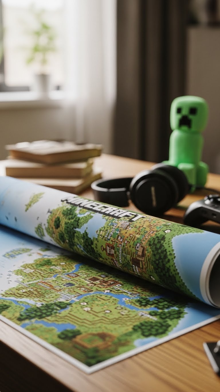 Professional close-up photo of a detailed Minecraft world map print on rustic wooden table with gaming accessories in soft natural light.