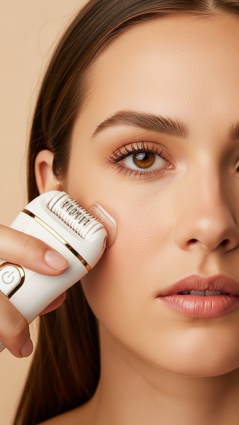 Professional epilator device removing facial hair in warm-toned vanity setting with golden brown color palette