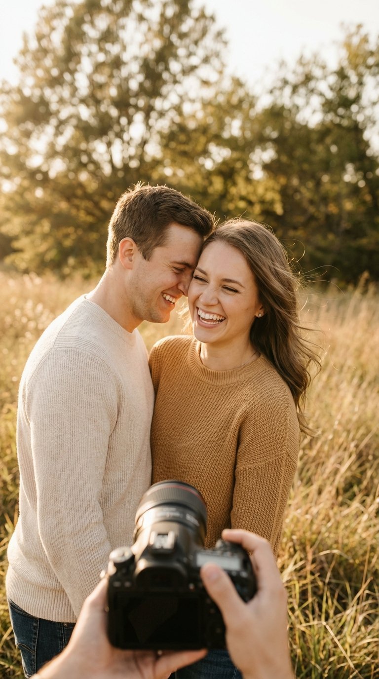Professional family photography session with joyful couple laughing in golden hour field setting.