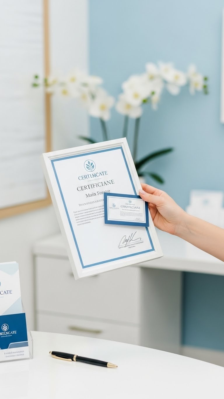 Professional hand holding electrolysis certification badge in clean modern treatment room setting