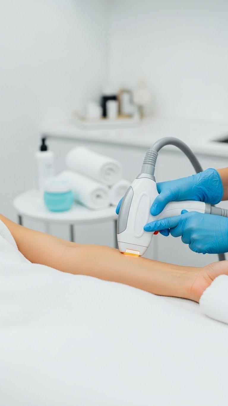 Professional laser hair removal session on sensitive skin with modern device in clinical spa setting