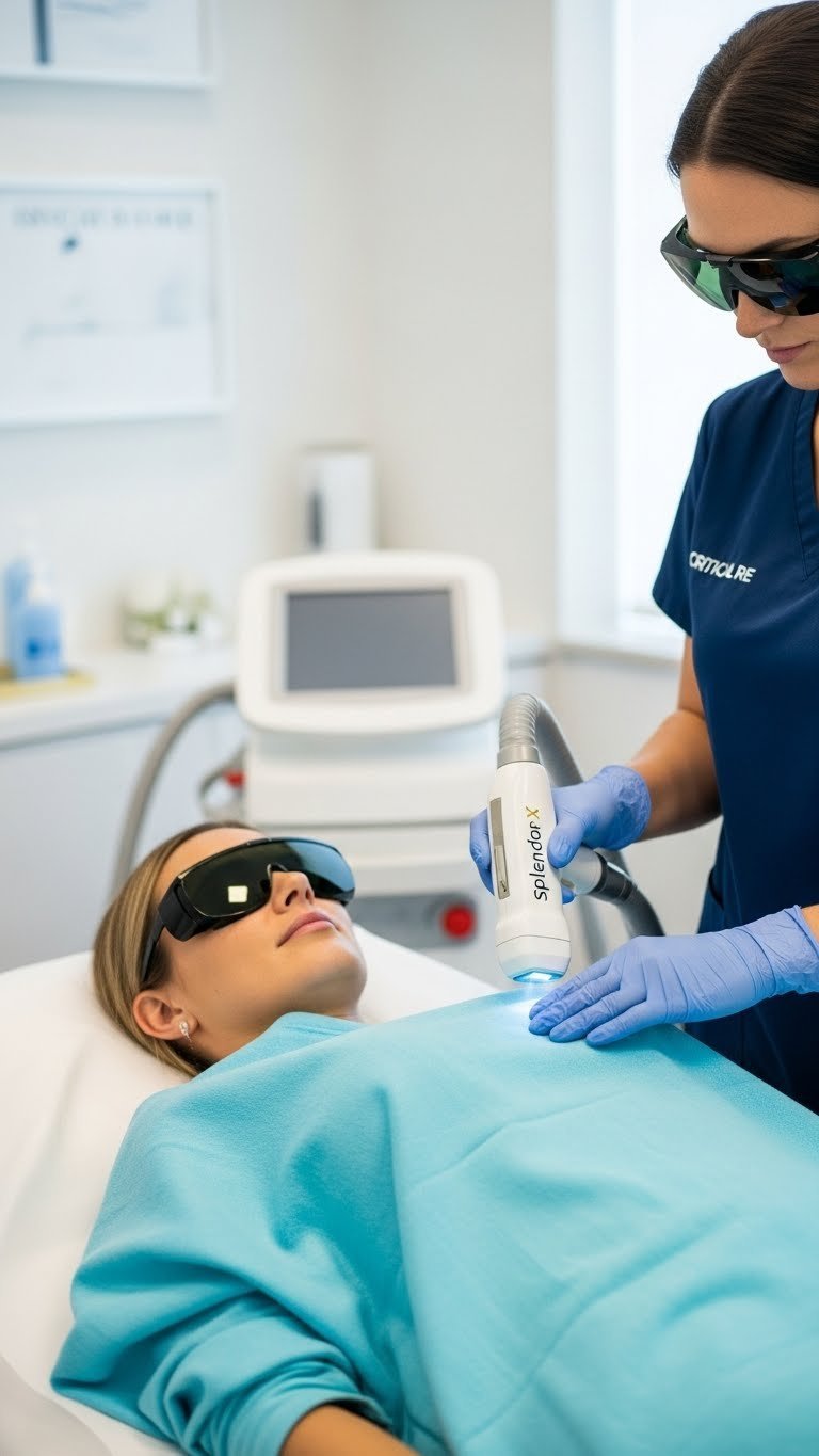 Professional laser hair removal session with technician using Splendor X handpiece on patient in modern clinic setting