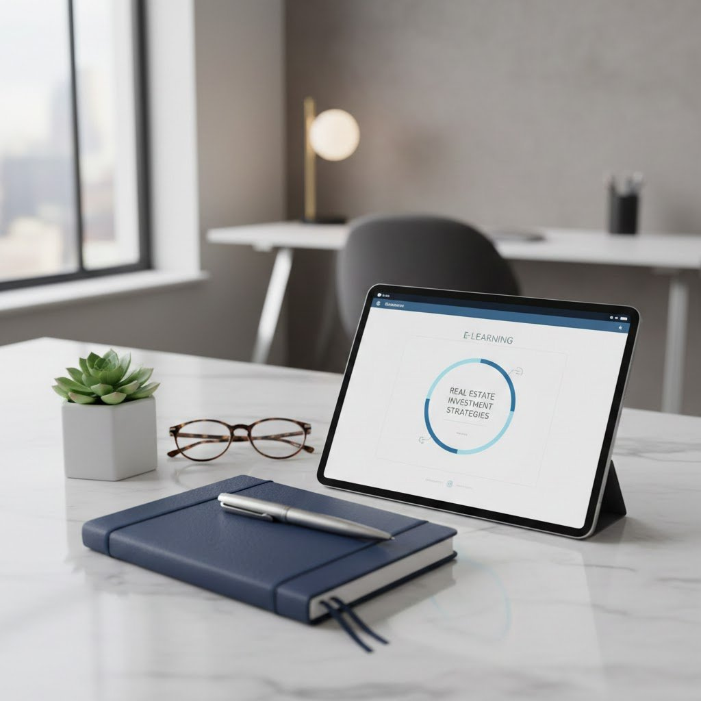 Professional tablet displaying online course with leather notebook and pen for real estate agent development