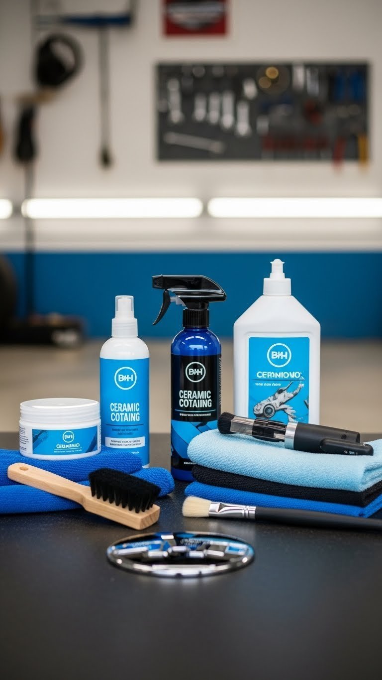 Professional top-down flat lay of premium car detailing kit with microfiber towels, wax, and ceramic coating arranged on dark garage floor with soft bokeh background.