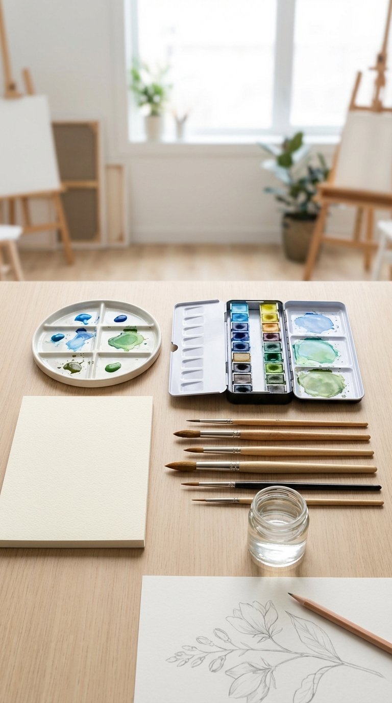 Professional watercolor art supplies set with paints, brushes, and textured paper on wooden desk