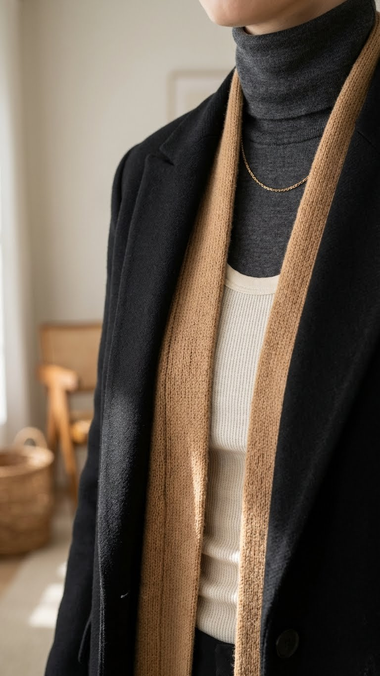 Professional winter layering: thermal, turtleneck, knit cardigan, and blazer in neutral tones, for warmth and style.