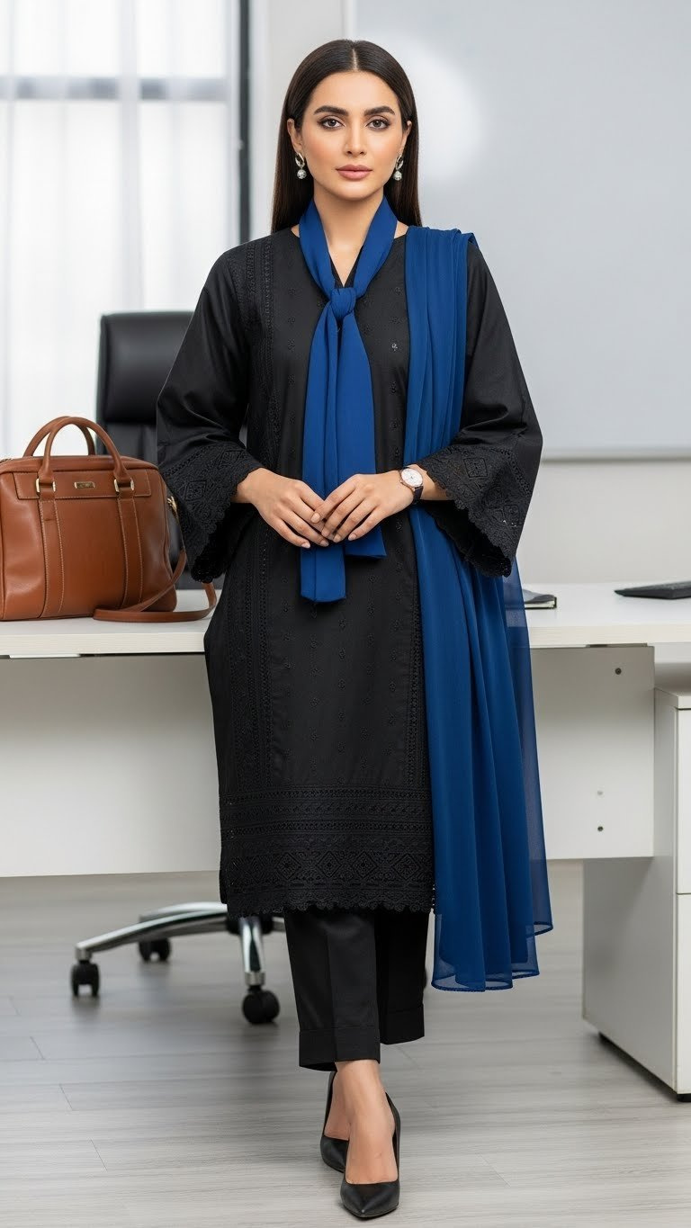 Professional woman in tailored Khaddar Dhanak winter suit. Dark-toned, elegant office wear, minimalist accessories, corporate style.