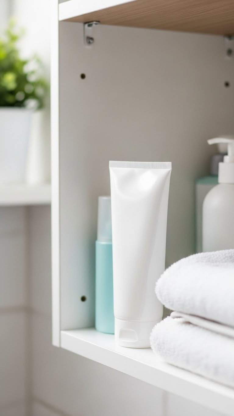 Proper storage of body hair removal cream in organized bathroom cabinet with well-maintained toiletries