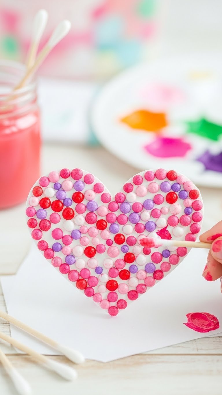 Q-tip painted heart artwork with colorful textured dots creating whimsical heart outline design