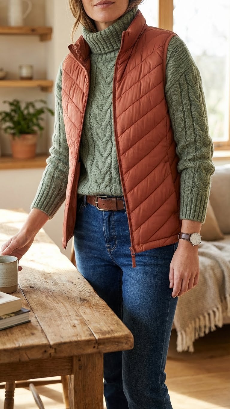 Quilted puffer vest over chunky knit turtleneck sweater, dark wash jeans, leather belt, cozy layered fall fashion.