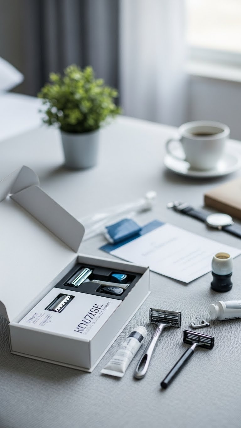 Razor blade subscription box open with fresh cartridges and razor handle on textured fabric