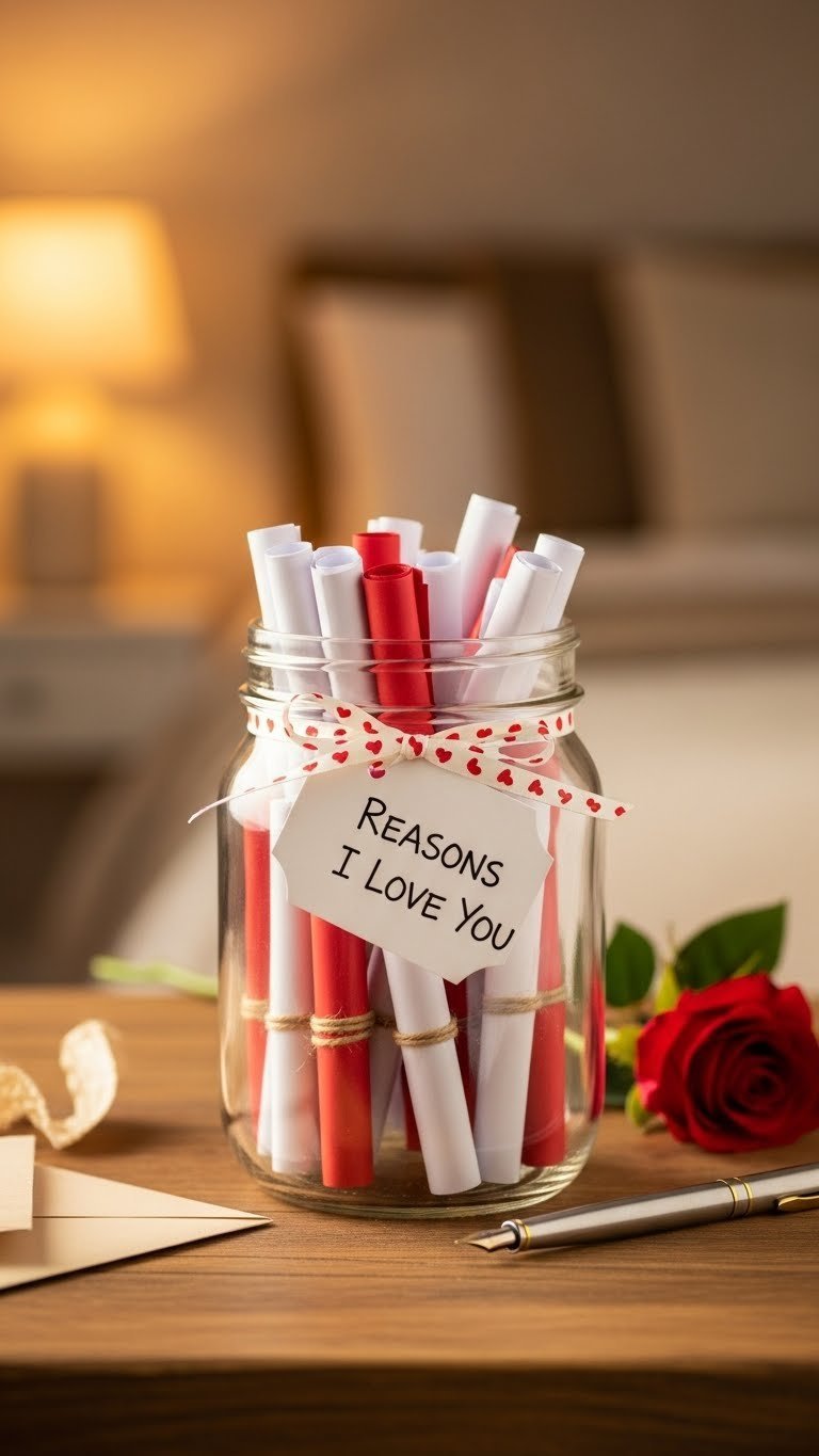 Reasons I Love You jar filled with colored paper slips and ribbon label on rustic wooden table with romantic decor.