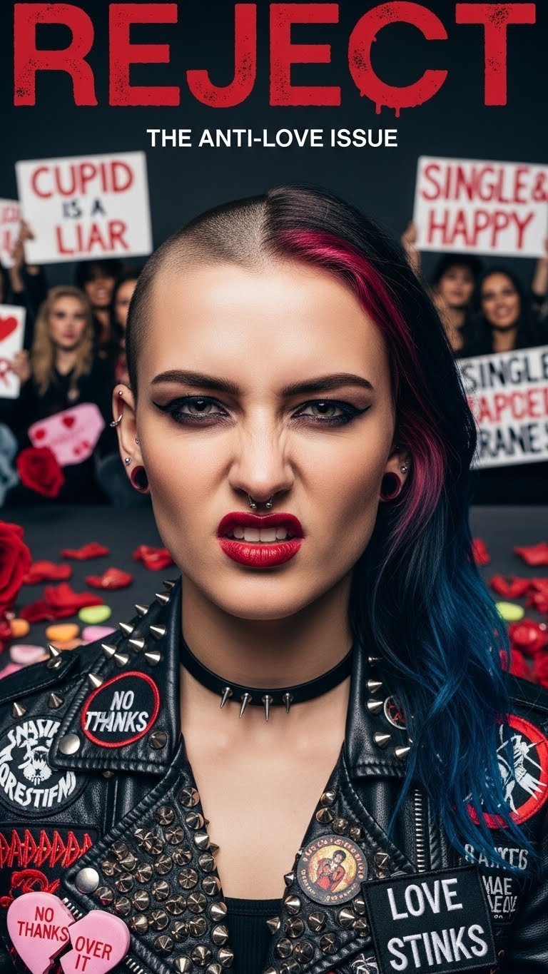 Rebellious Anti-Valentine's Day party scene with dark decor, alternative themes, and non-traditional celebration elements