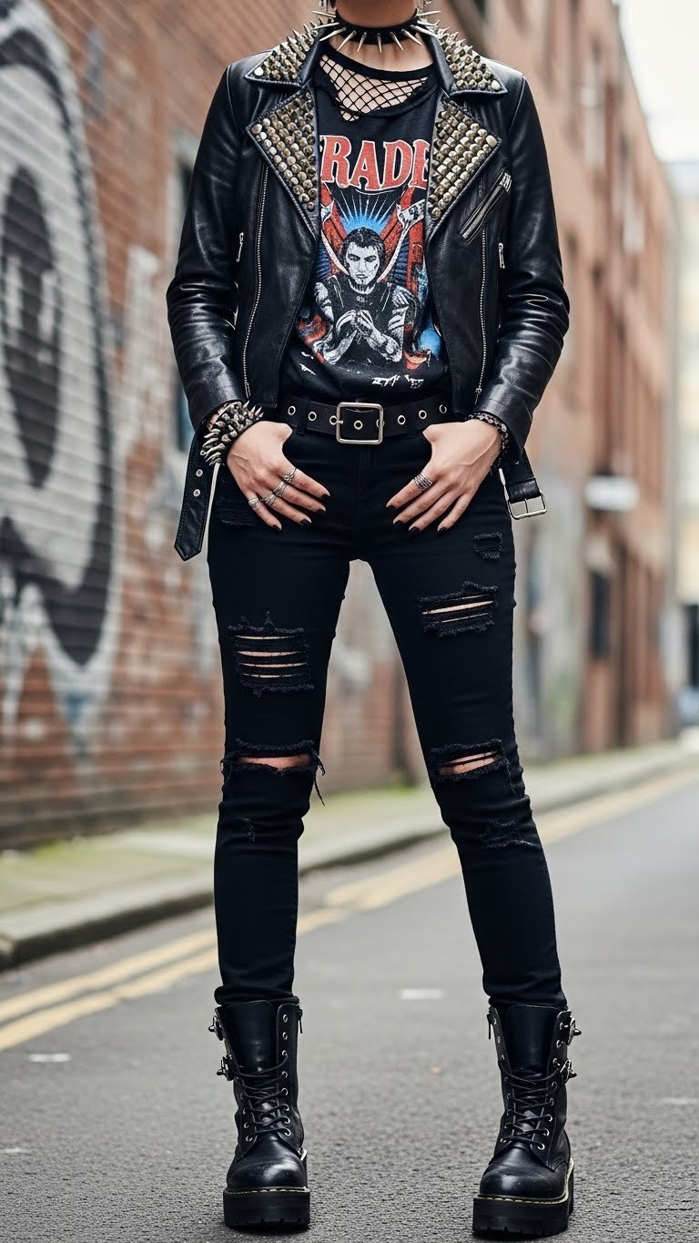Rebellious punk goth model in distressed band t-shirt and studded leather jacket against graffiti-covered urban alleyway