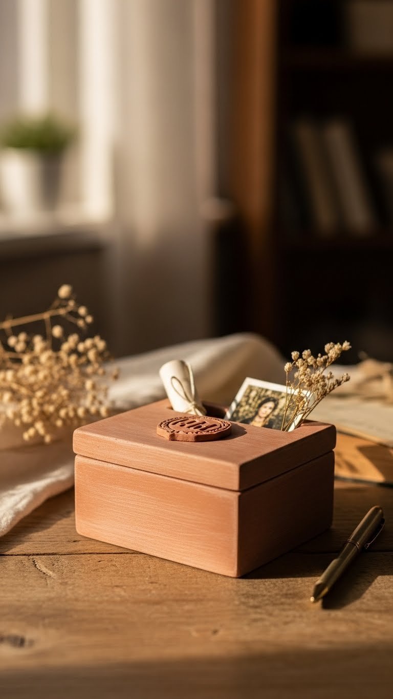 Rectangular air dry clay keepsake box with embossed initials holding photograph on rustic table.