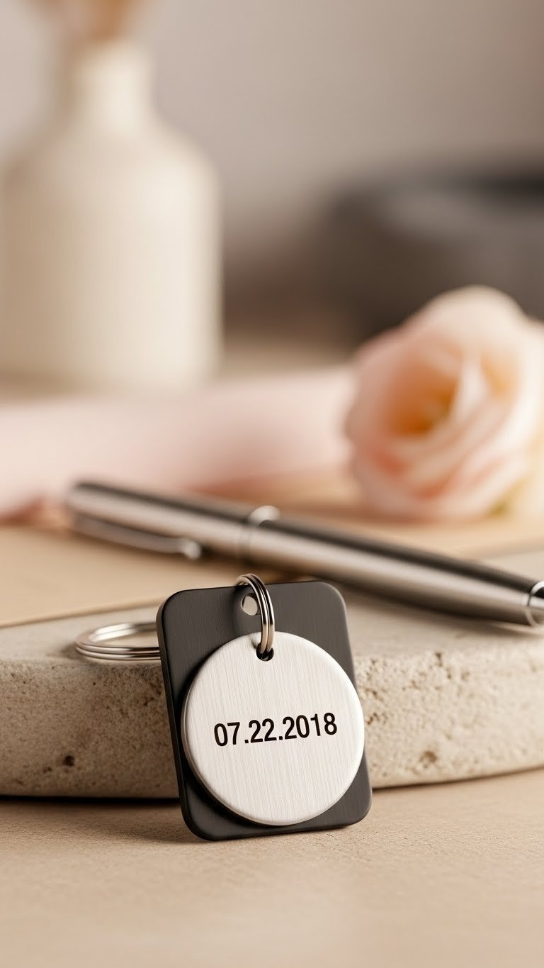 Rectangular metal milestone date keychain with laser-engraved anniversary date on smooth stone surface in serene lighting.