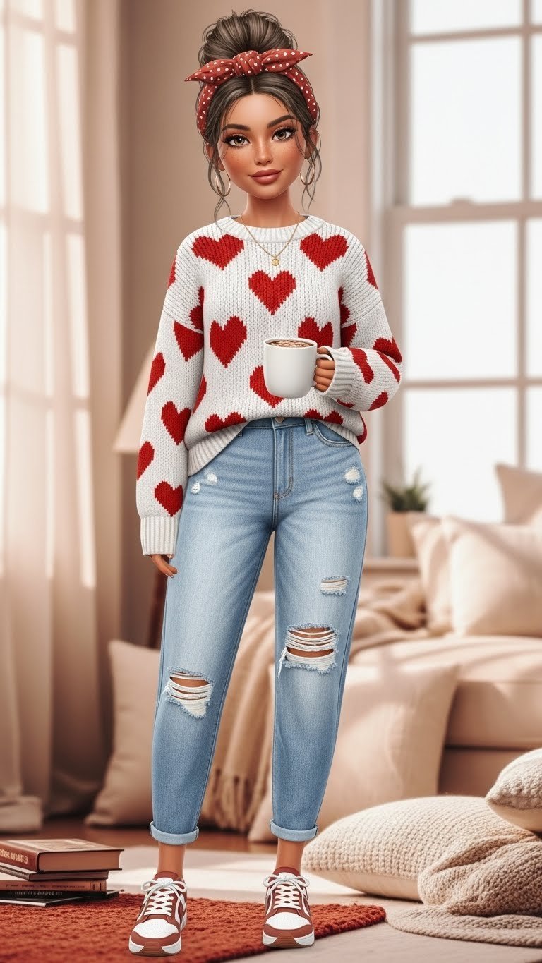 Relaxed virtual avatar in heart-print sweater and jeans posing casually in cozy living room setting