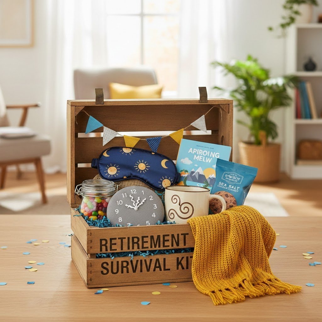 Retirement survival kit gift basket with humorous practical items arranged on wooden table