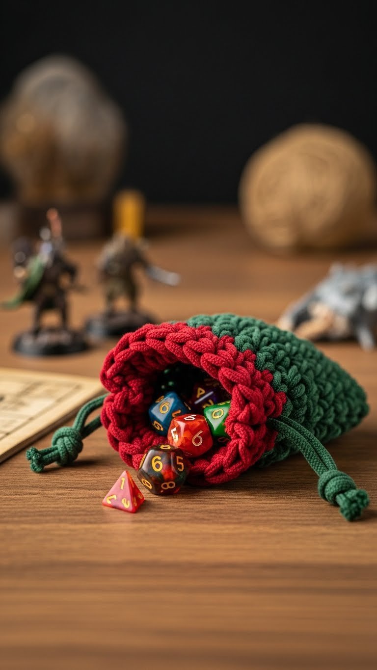 Rich red crocheted dice bag with drawstring closure spilling colorful gaming dice on wooden table