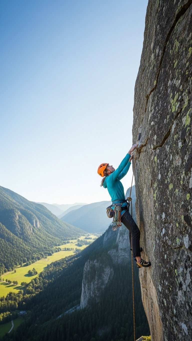 Rock climber ascending natural rock face with lush valley and clear blue sky background
