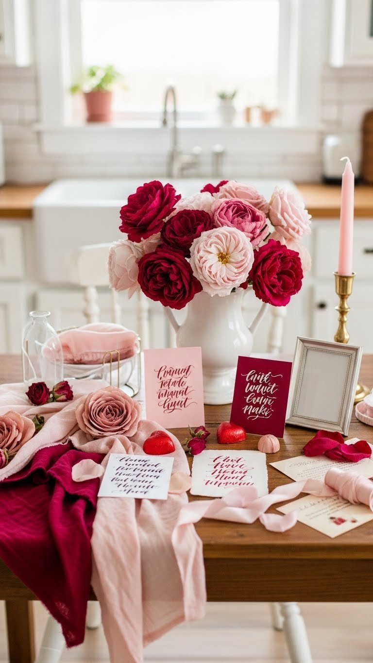 Romantic Valentine's Day mood board featuring crimson fabric swatches, dried rose petals, heart chocolates, and elegant calligraphy on rustic wooden table.
