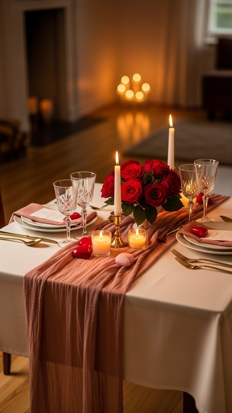 Romantic Valentine's dinner table setting with white plates, wine glasses, and rose centerpiece in warm lighting