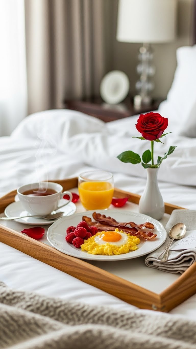 Romantic breakfast tray with scrambled eggs, bacon, raspberries, and orange juice on a wooden tray with white bedding.